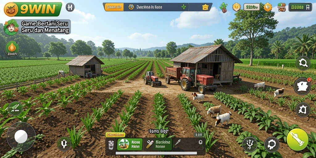 Tangkapan layar gameplay 9WIN menampilkan aktivitas bertani yang menyenangkan.