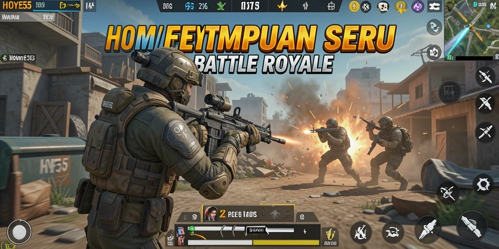 Screenshot gameplay HOYE55 menampilkan aksi intens dalam pertempuran Battle Royale.