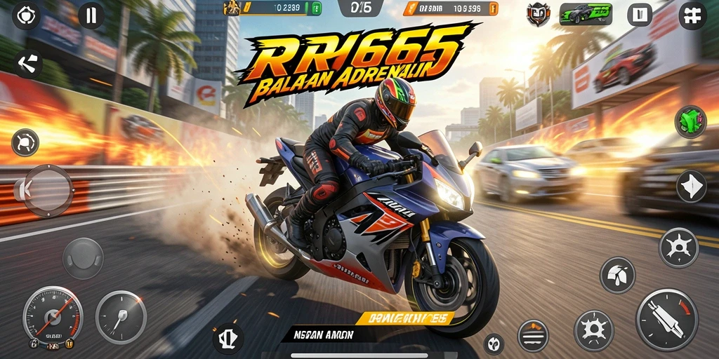 Tampilan seru dari gameplay balapan motor di RR666.
